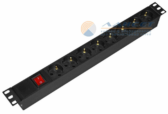 Блок розеток NTSS-PDU-DA1016, 19", 1U, алюминий, 1ф10A, 2.3кВт, (8) Schuko CEE 7/7, выкл. с подсв.и крыш., вх. 60320 С14