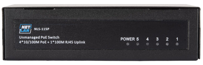 Коммутатор NETLAN NLS-115P, неуправляемый, 4*10/100Мбит/с PoE (af/at), 1*100Мбит/с RJ45, 1* DC52V/0.92A, PoE бюджет 48W