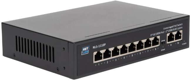 Коммутатор NETLAN NLS-1110P, неуправляемый, 8*10/100Мбит/с PoE (af/at), 2*100Мбит/с RJ45, DC52V/2.3A, PoE бюджет 120W