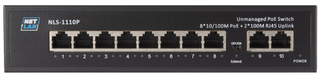 Коммутатор NETLAN NLS-1110P, неуправляемый, 8*10/100Мбит/с PoE (af/at), 2*100Мбит/с RJ45, DC52V/2.3A, PoE бюджет 120W