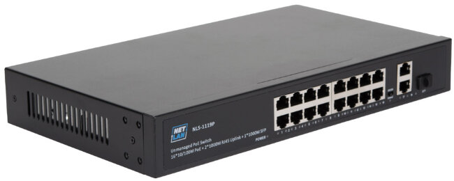 Коммутатор NETLAN NLS-1119P, неуправляемый, 16*10/100Мбит/с PoE (af/at), 2*10/100/1000Мбит/с RJ45, 1*100/1000Мбит/с SFP, DC52V/4.8A, PoE бюджет 250W