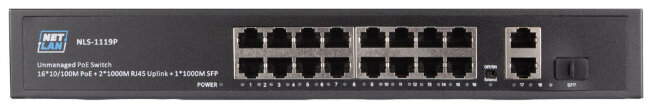 Коммутатор NETLAN NLS-1119P, неуправляемый, 16*10/100Мбит/с PoE (af/at), 2*10/100/1000Мбит/с RJ45, 1*100/1000Мбит/с SFP, DC52V/4.8A, PoE бюджет 250W