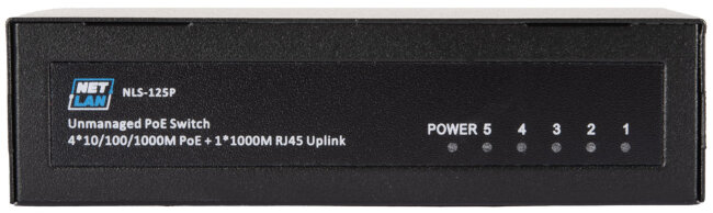 Коммутатор NETLAN NLS-125P, неуправляемый, 4*10/100/1000Мбит/с PoE (af/at), 1*10/100/1000Мбит/с RJ45, 1* DC52V/0.92A, PoE бюджет 48W