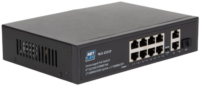 Коммутатор NETLAN NLS-1211P, неуправляемый, 8*10/100/1000Мбит/с PoE (af/at), 2*10/100/1000Мбит/с RJ45, 1*100/1000Мбит/с SFP, DC52V/2.3A, PoE бюджет 120W