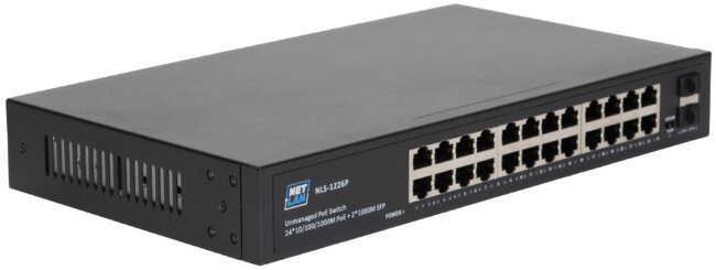 Коммутатор NETLAN NLS-1226P, неуправляемый, 24*10/100/1000Мбит/с PoE (af/at), 2*10/100/1000Мбит/с SFP, DC52V/6.1A, PoE бюджет 320W