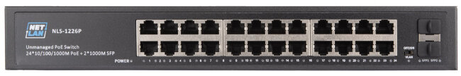 Коммутатор NETLAN NLS-1226P, неуправляемый, 24*10/100/1000Мбит/с PoE (af/at), 2*10/100/1000Мбит/с SFP, DC52V/6.1A, PoE бюджет 320W